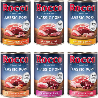 Voordeelpakket: Rocco Classic Pork 12 x 400g Hondenvoer Mix: Rundvlees/lamsvlees, kip/kalkoen, kip/kalfsvlees, rundvlees/pluimveeharten, kip/zalm, rundvlees/kip