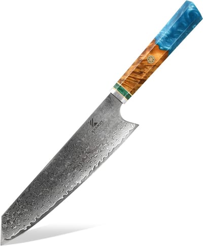 KAAMUT® Kiritsuke Koksmes 20 cm 67 Lagen Damascusstaal – Vlijmscherp – Professioneel Koksmes – Handvat van Saffierblauwe Epoxy & Eikenhout
