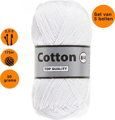 Lammy yarns Cotton eight 8/4 - 5 bollen van 50 gram - wit (005) - dun katoen garen - pendikte 2,5 a 3mm