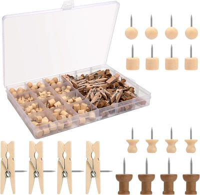 200 Houten Punaises Set - 5 Vormen I-vorm Bol Cilinder Strohoed Klemmen - Verzameling voor Prikborden Kurkplaat Kantoor School Thuis Creatieve Projecten