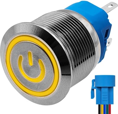 ProRide Metalen Drukschakelaar 12V ON-OFF met Aansluitkabel - 22mm - Aan/uit schakelaar - Spatwaterdicht - 12V/24V - LED Indicatie Geel