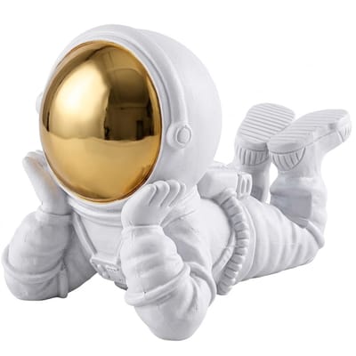 Wit goudkleurige telefoon houder standaard dames en heren – liggende astronaut bureau standaard – decoratief woonaccessoire met goudkleurige vizier