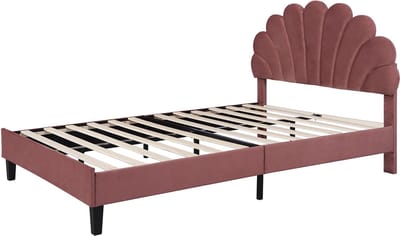 MIVRAY Gestoffeerd Bed 140x200cm - Tweepersoonsbed Met Bloemvormig Hoofdbord En Lattenbodem - Slaapkamer - Fluweel - Bonenrood - Zonder matras