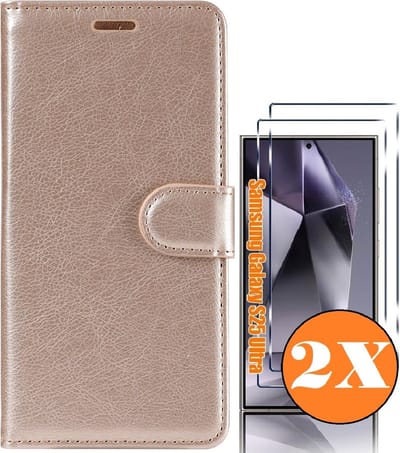 Hoesje geschikt voor Samsung Galaxy S25 Ultra bookcase Goud - Met screenprotector tempered glass Galaxy S25 Ultra - 2x