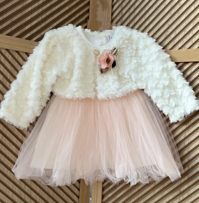 luxe feestjurk-bruidsjurk-doopkleding-tule jurk met jasje-bolero-baby jurk-tutu rok- tweedelige set- katoenen jurk met steentjes en bloem-bruidsmeisjes-doopsel-bruiloft-verjaardag-fotoshoot- wit ivoor licht zalm kleur-maat 86 - 12 tem 18 maanden