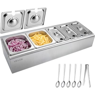 VEVOR GN ingrediëntenstation met 2 x 1/6 en 3 x 1/9 GN containers, roestvrijstalen bijgerechtbakjes met aparte deksels, ingrediëntenhouder voor buffetten, restaurants, hotels, snackbars en keukens, gekoeld toppingstation