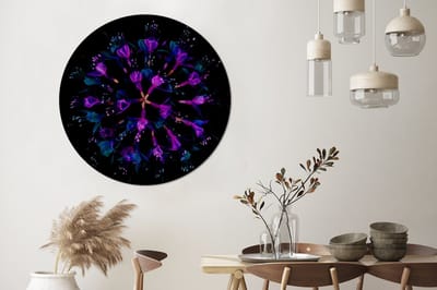 WallCircle® Wandcirkel 150x150 cm - Muurcirkel Bloem - Paars - Blauw - Macro - Zwart - Muurdecoratie woonkamer - Wanddecoratie slaapkamer - Kamer decoratie accessoires - Ronde schilderijen