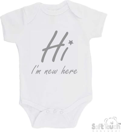 100% katoenen Romper "Hi I'm new here" Met Een Sterretje Unisex Katoen Wit/grijs Maat 56/62