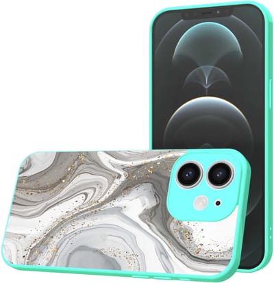 Smartphonica Telefoonhoesje Geschikt voor iPhone 12 met Zilver Marmer opdruk - TPU Back Cover Case Silver Marble Design - Turquoise geschikt voor iPhone 12
