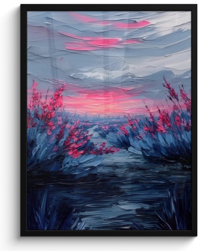 Poster in lijst - Fotolijst 60x80 cm - Posters - Schilderij - Zonsondergang - Bloemen - Rivier - Posterlijst zwart - Decoratie - Wanddecoratie woonkamer - Muurdecoratie slaapkamer