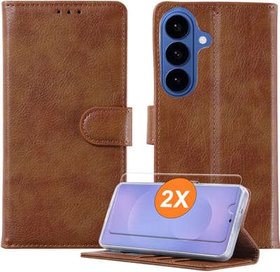 Hoesje geschikt voor Samsung Galaxy S26 5G hoesje Bruin pasjeshouder telefoon hoes - Met screenprotector tempered glass voor Galaxy S26 5G - 2x