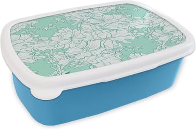 Broodtrommel Blauw - Lunchbox - Brooddoos - Patronen - Vintage - Bloemen - 18x12x6 cm - Kinderen - Jongen