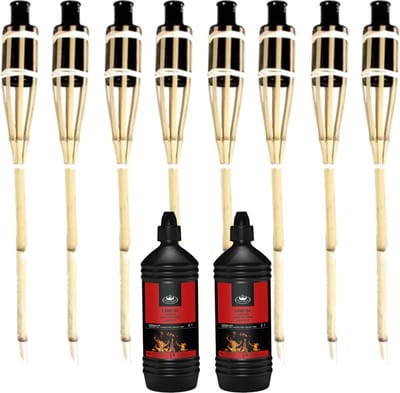 8x stuks Bamboe fakkels safe 60 cm - Inclusief 2 liter lampenolie/fakkelolie