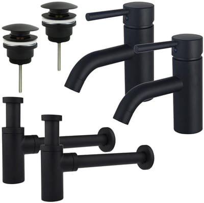 FugaFlow Eccelente Sobrado Badkamer Wastafelkraanset - voor dubbele wastafel - lage wastafelkraan - klikwaste plug - design sifon - Mat zwart