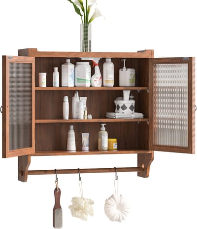 Vintage dubbele wandkast met glazen deur van 63 cm, drie opbergvakken en handdoekrek, geschikt voor badkamer, keuken en eetkamer, bruin.