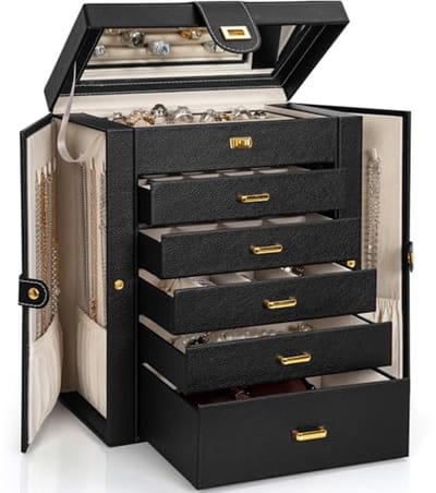 Leren Sieradenbox Organizer met Spiegel - Functionele Opbergtas voor Ringen, Kettingen, Oorbellen en Armbanden