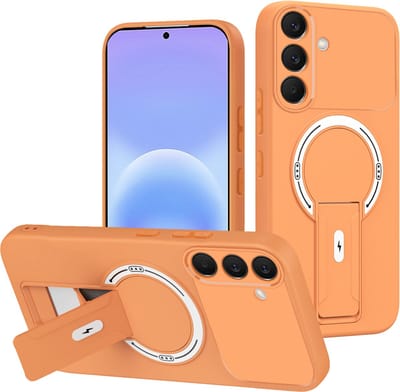 Casemania Hoesje Geschikt voor Samsung Galaxy A37 - Oranje - Magnetische Telefoonhoesje Geschikt voor MagSafe - Stevige Siliconen Back Cover met Kickstand Standaard en Camera Bescherming