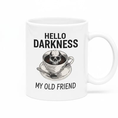 Hello Darkness My Old Friend Witte Mok 330ml – Donkere Humor Schedel Koffieliefhebber Beker