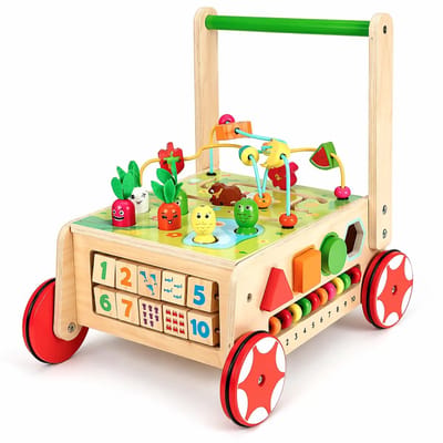 Bextunio Houten Loopwagen Baby met Activiteitenkubus – Montessori Loopstoel & Educatief Speelgoed