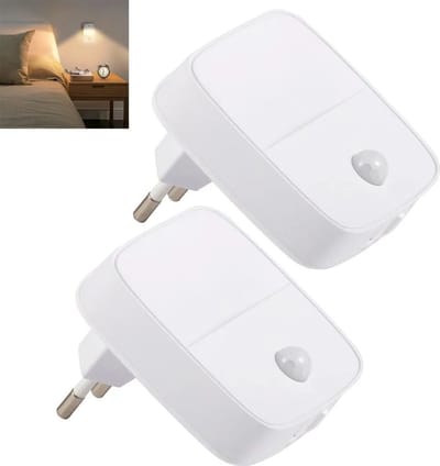 Twee sets LED-nachtlampjes, voorzien van een bewegingssensor, stekkerbediening, warm wit licht met dimfunctie, PIR-bewegingssensor en lichtsensor; geschikt voor gangen en trappenhuizen.