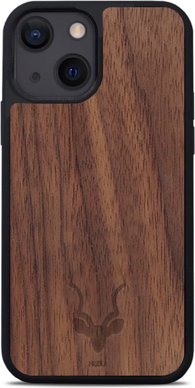 Kudu iPhone 13 hoesje case - Houten backcover - Geschikt voor opladen met magnetische ring - Handgemaakt en afgewerkt met duurzaam TPU - Walnoot - Zwart