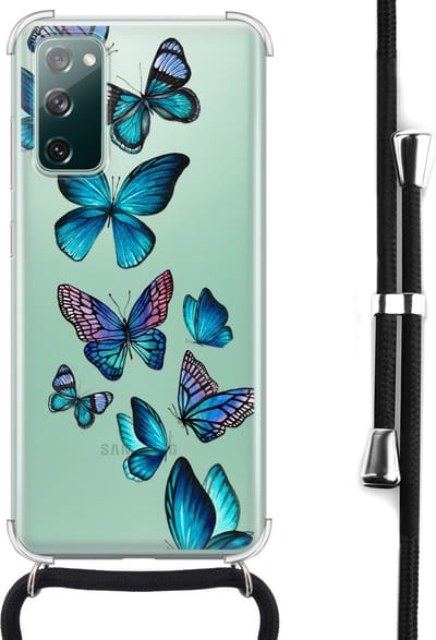 Hoesje met koord - Geschikt voor Samsung Galaxy S20 FE - Vlinders blauw - Verstelbaar zwart koord - Crossbody - Print / Illustratie - Transparant, Blauw - Leuke Telefoonhoesjes