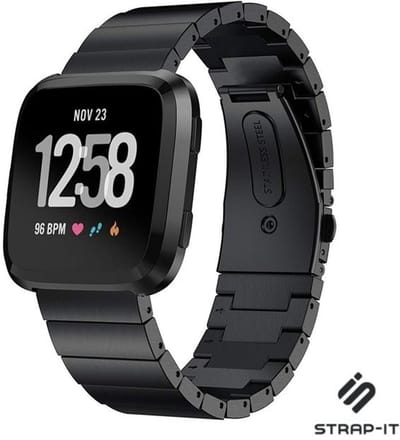 Stalen Smartwatch bandje - Geschikt voor Fitbit Versa 2 luxe metalen bandje - zwart - Strap-it Horlogeband / Polsband / Armband