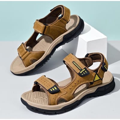 Sandales en Cuir Véritable de Haute Qualité pour Hommes Confortables et Légères Chaussures Romaines d'Été pour Hommes Sandales de Plage Antidérapantes d'Extérieur 41 kaki