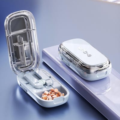 Tablet Splitter voor Kleine en Grote Pillen - 2-in-1 Pillen Snijder en Opbergdoos met Borstel en Tweezers voor Huisdieren en Mensen