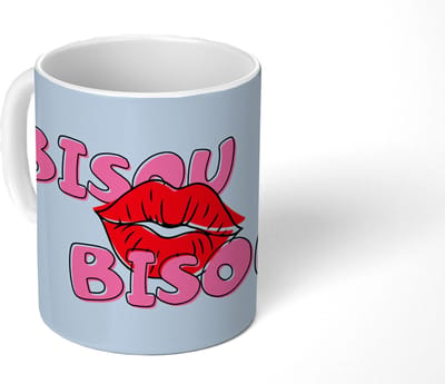 Mok - Koffiemok - Bisou - Blauw - Roze - Lippen - Mokken - 350 ML - Beker - Koffiemokken - Theemok