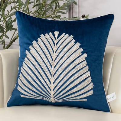 Luxe Vierkante Sierkussenhoes Navy Blauw Fluweel met Geborduurde Bladeren 50x50 cm
