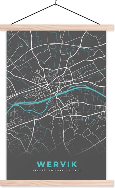 Posterhanger incl. Poster 40x60 cm - Schoolplaat - Kaart – Plattegrond – Stadskaart – Wervik – België - Grijs - Textielposter - Blanke latten - Stadskaart