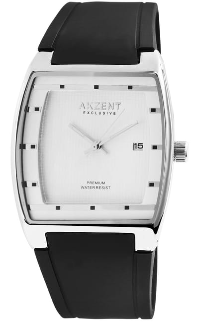 Akzent-Heren horloge-Datumaanduiding-Analoog-Rond-38MM-Zilverkleurig-Zwart silicone band.