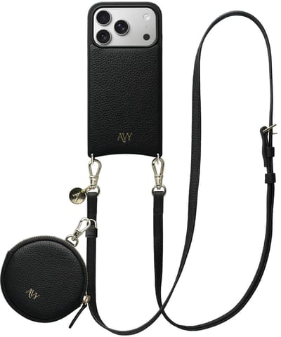 AVY Leren Hoesje geschikt voor Apple iPhone 17 Pro | Met Koord en Mini Telefoontasje | Compatibel met MagSafe | Leather Case met 130CM Koord & Pouch | Long Leather | Zwart