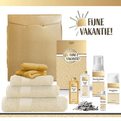 Geschenkset “Fijne vakantie!” - 10 producten - 1600 gram | Luxe Vakantiepakket voor haar - Wellness Pakket deluxe - Strandlaken Badlaken Handdoek - Cadeaupakket Speciaal voor jou - Cadeau - Giftset Bedankt - Gift Vrouw Collega Vrijwilliger - Zon Goud
