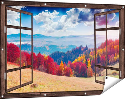 Gards Tuinposter Doorkijk Kleurrijke Herfstbos met Heuvellandschap - 120x80 cm - Tuindoek - Tuindecoratie - Wanddecoratie buiten - Tuinschilderij