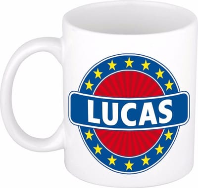 Bellatio Decorations - Lucas voornaam - koffiemok - beker - wit/blauw - 300 ml - Cadeau - Heren - Collega - Vaderdag - Verjaardag