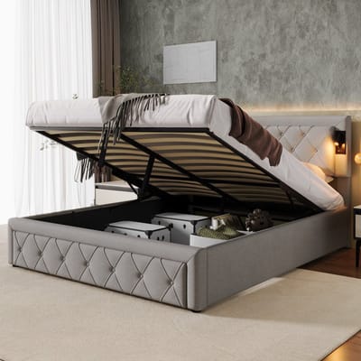 REDOM bedframe 160x200 cm – Linnen grijs met ruitpatroon – Downlights aan beide zijden – USB – Hydraulische opbergruimte – 300 kg