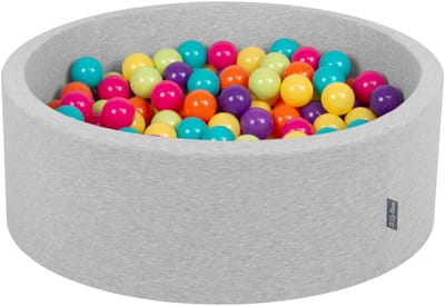KiddyMoon ballenbad 90x30cm - 300 ballen ∅ 7cm ballenbad met kleurrijke ballen voor baby's kinderen rond, lichtgrijs:lichtgroen/geel/turquoise/oranje/roze/paars