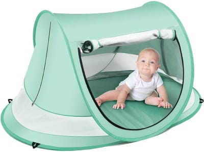 Babytent met UV-bescherming - Pop-up Strandtent voor Baby - UPF 50+ Zonbescherming - Inclusief Muggennet en Opbergtas - Wind- en Zandbestendig - Opvouwbaar Baby Strandbedje voor Buiten en Strand-groente