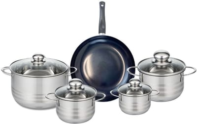 Set van 1 Koekenpan 24 cm en 4 kookpotten 12, 14, 16 en 20 cm Elo Prima Glanzend