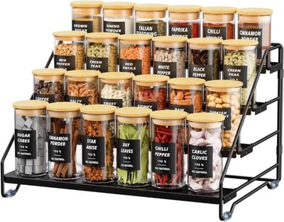 SNJY® Kruidenrek Staand - Aanrecht Organiser - Keukenrek Kruidenpotjes - 4-Laags - 24,5D x 33,5B x 21H cm - Zwart