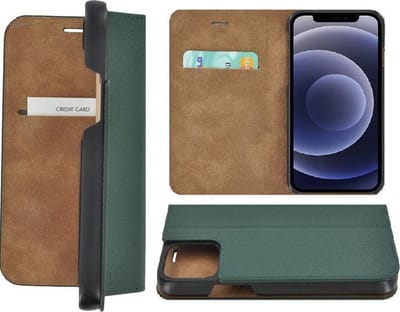 Geschikt voor iPhone 12 pro hoesje - Bookcase - Portemonnee Hoes Ultra dun Echt leer Wallet case Dennengroen