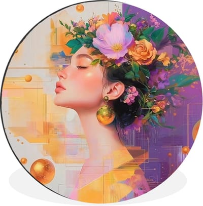 WallCircle - Wandcirkel - Muurcirkel - Abstract - Vrouw - Bloemenkroon - Goud - Aluminium - Dibond - 30x30 cm - Binnen en Buiten