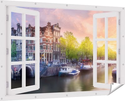 Gards Tuinposter Doorkijk Amsterdamse Grachten - 180x120 cm - Tuindoek - Tuindecoratie - Wanddecoratie buiten - Tuinschilderij