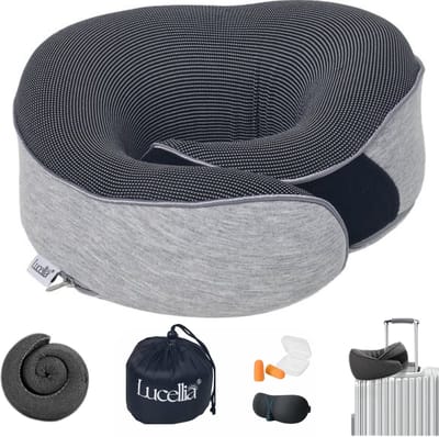 Lucellia® Nekkussen Vliegtuig & Auto - 3-in-1 Reiskussen van Traagschuim (Memory Foam) – Inclusief Slaapmasker & Oordopjes – Licht Grijs