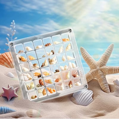 Seashell Display Box met 36 Roosters - Dubbelzijdige Acryl Magnetische Display voor Schelpen, Sterrenzeesterren en Sieraden