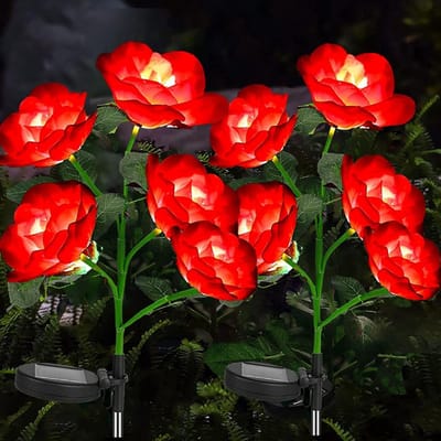 Buitenverlichting op zonne-energie - Set van 2 stuks LED solarlampen met 10 rozenbloesems - Tuinverlichting - Decoratie voor tuin en gazon - Regenbestendig (rood) tuinverlichting op zonneenergie