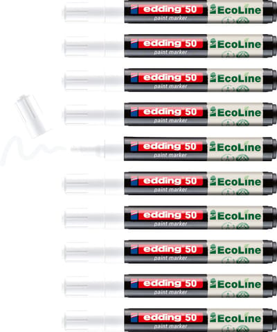 edding 50 EcoLine verfstift op waterbasis wit 10 stuks - ronde punt 2-3 mm - lakmarker met laag VOS-gehalte - navulbaar - geschikt voor o.a. gladde, donkere en transparante oppervlaktes