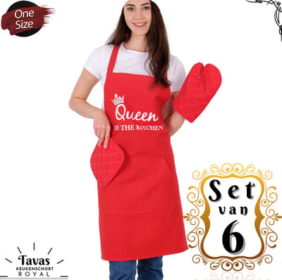 Set van 6 Rood | 60x80 cm | King & Queen of the Kitchen | 2 Keukenschorten - 2 Ovenwanten-2 Pannenlappen | Kookschort met zakken | Keukenschort dames | Keukenschort voor vrouwen | Keukenschort voor mannen | cadeutje- met Cadeaubox | Kook- BBQ